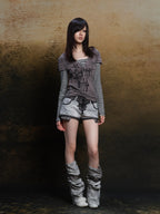 ARIADNAw Totem Cross Print Faux Layered V-neck Women's Long Sleeve T-shirts