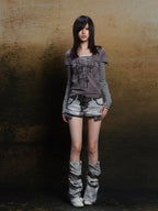 ARIADNAw Totem Cross Print Faux Layered V-neck Women's Long Sleeve T-shirts
