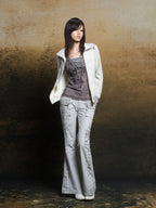 ARIADNAw Totem Cross Print Faux Layered V-neck Women's Long Sleeve T-shirts