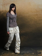 ARIADNAw Totem Cross Print Faux Layered V-neck Women's Long Sleeve T-shirts