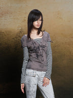 ARIADNAw Totem Cross Print Faux Layered V-neck Women's Long Sleeve T-shirts