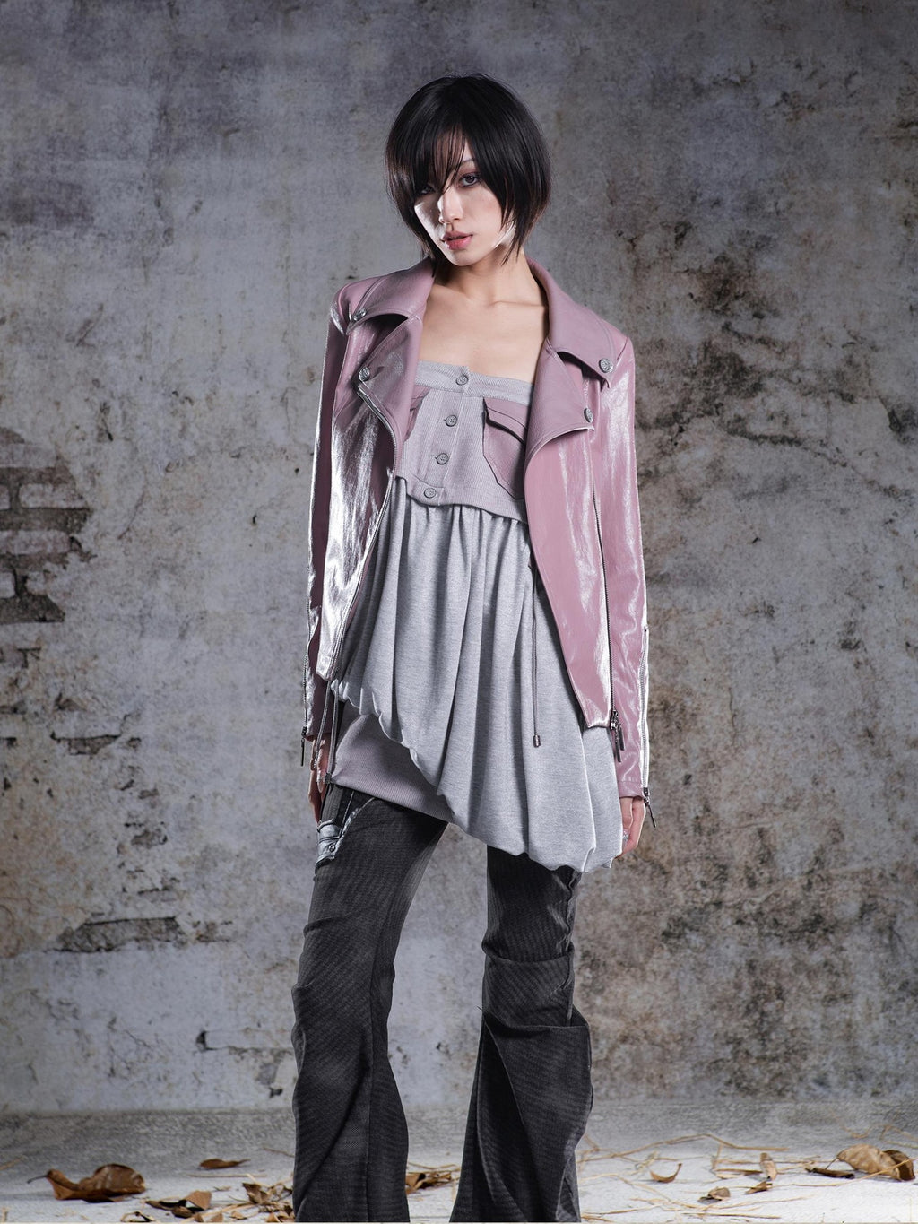 ARIADNAw Two Tone Fur Collar Paneled Slim Fit Punk Women's Pu Leather Jackets