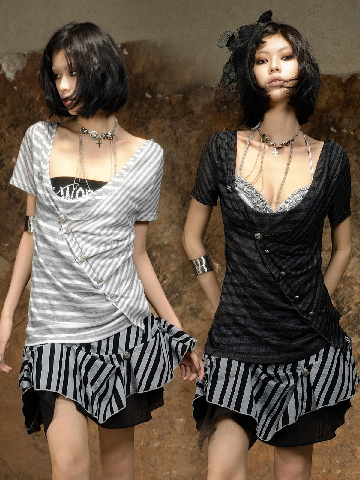 ARIADNAw Vintage Punk Asymmetric Striped Knit Slim Fit Women's Short Sleeve T-shirts