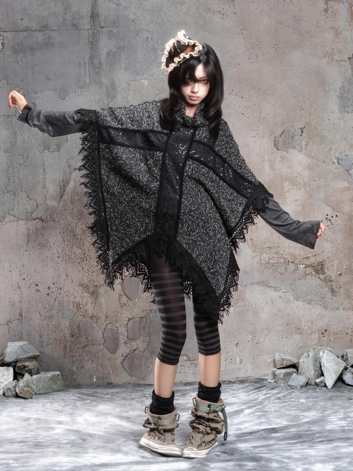 ARIADNAw Vintage Punk Cross Irregular Fringe Knit Women's Scarves & Shawls