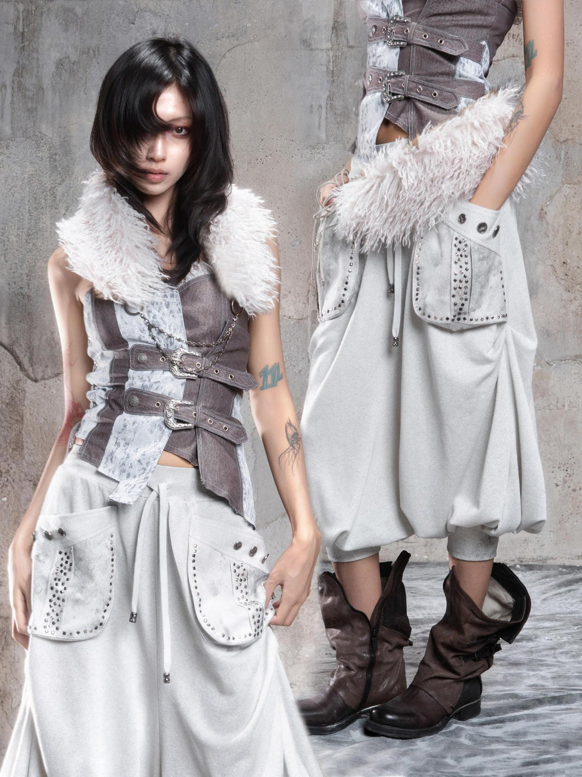 ARIADNAw Vintage Punk Geometric Patchwork Multi Wear Faux Fur Collar Women's Belts