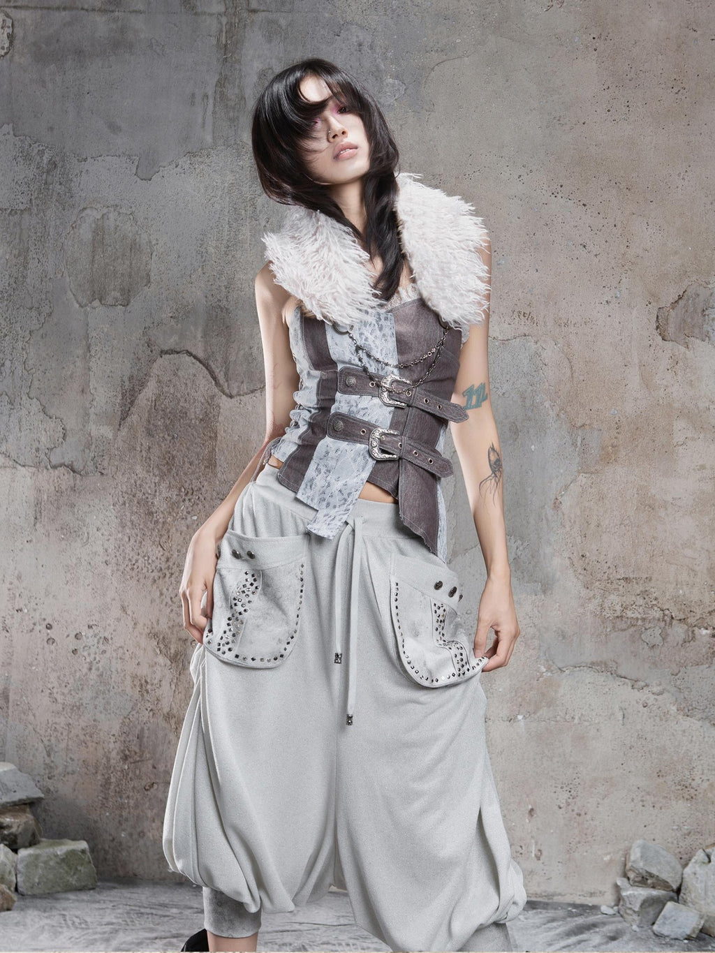 ARIADNAw Vintage Punk Geometric Patchwork Multi Wear Faux Fur Collar Women's Belts
