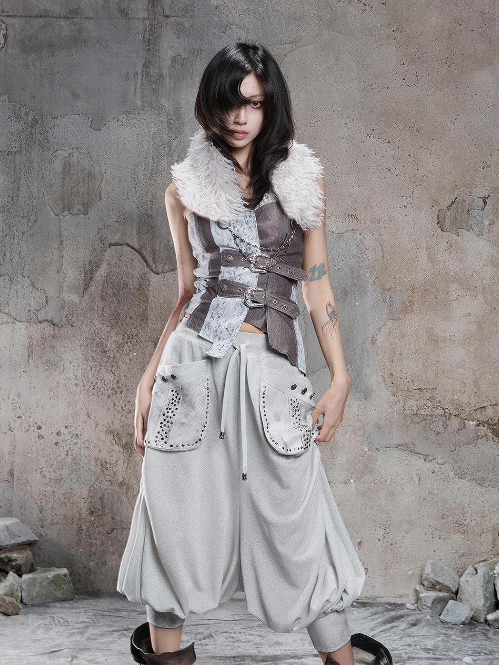 ARIADNAw Vintage Punk Geometric Patchwork Multi Wear Faux Fur Collar Women's Belts