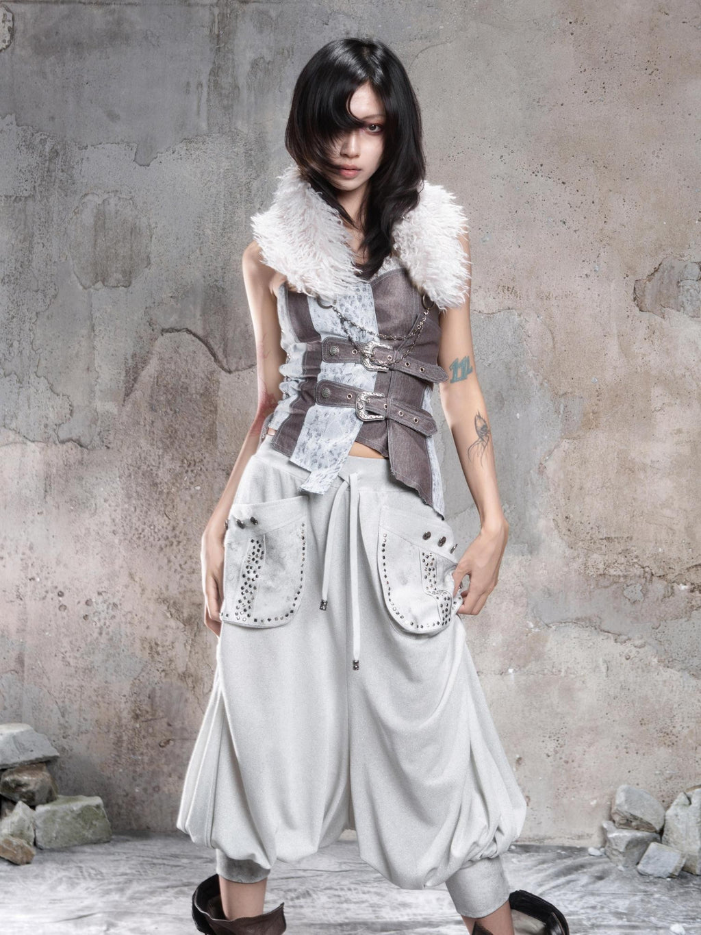 ARIADNAw Vintage Punk Geometric Patchwork Multi Wear Faux Fur Collar Women's Belts