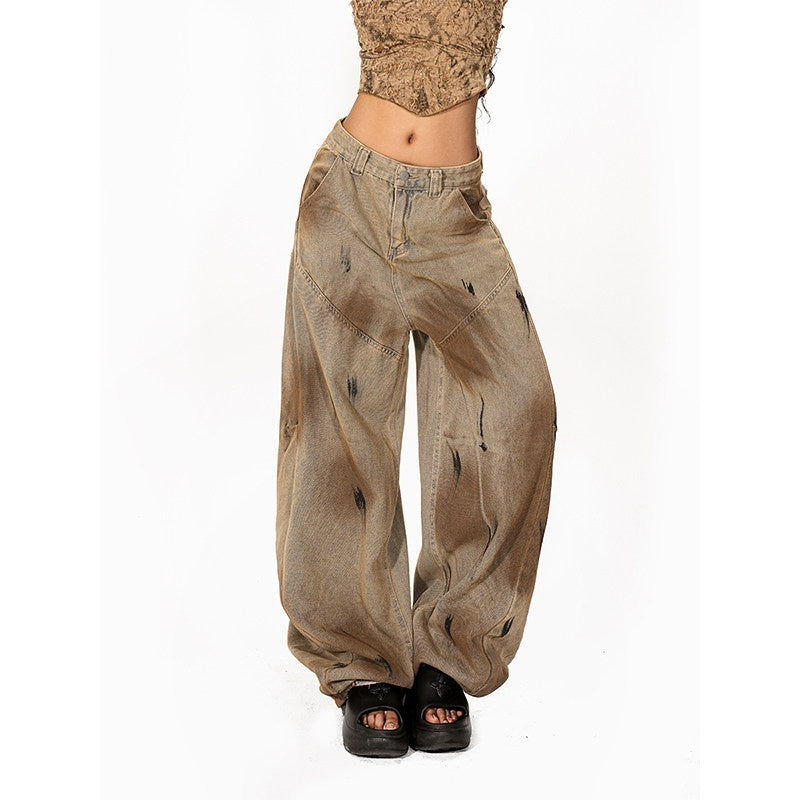 Arielink American Vintage Washed Distressed Dirty Dye Women's Denim Wide-leg Jeans 910872549736