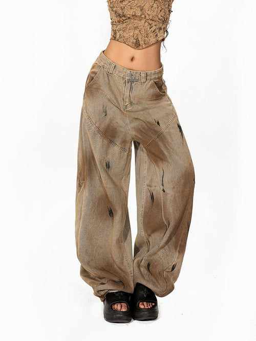 Arielink American Vintage Washed Distressed Dirty Dye Women's Denim Wide-leg Jeans