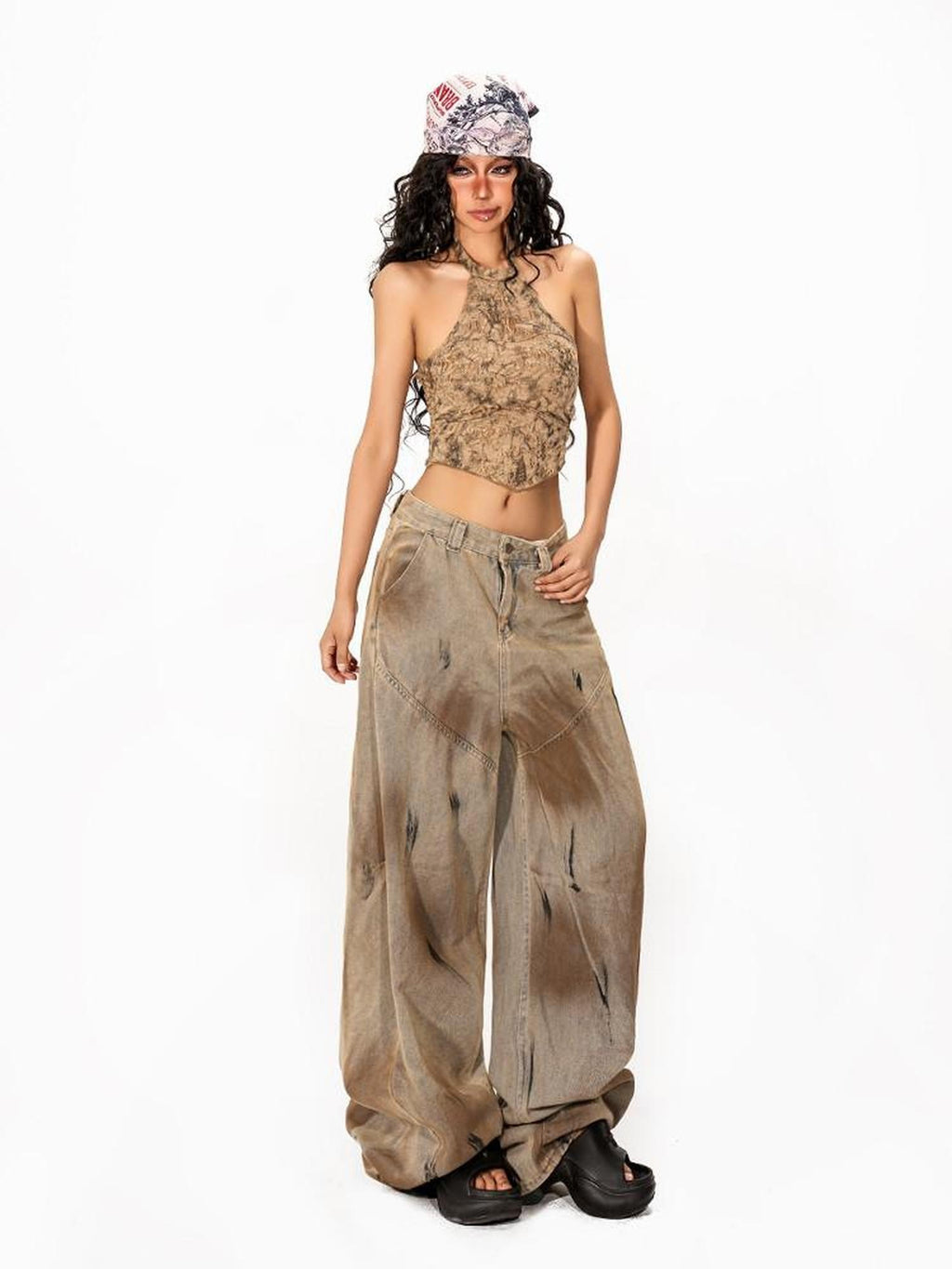 Arielink American Vintage Washed Distressed Dirty Dye Women's Denim Wide-leg Jeans