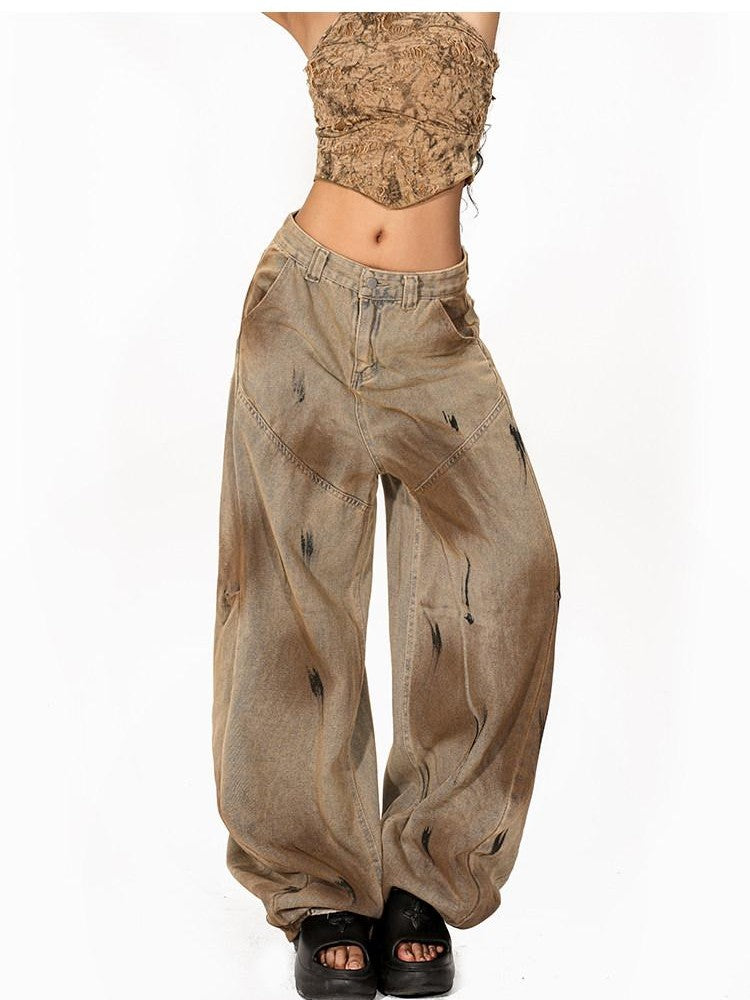 Arielink American Vintage Washed Distressed Dirty Dye Women's Denim Wide-leg Jeans
