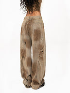 Arielink American Vintage Washed Distressed Dirty Dye Women's Denim Wide-leg Jeans