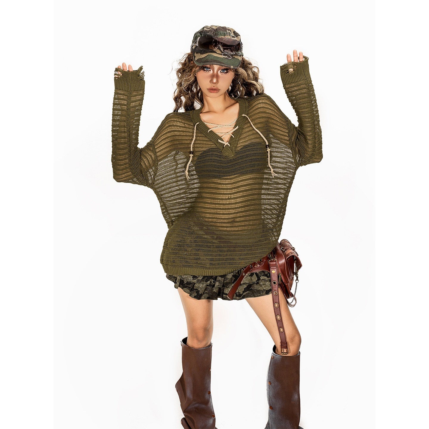 Arielink Army Green Openwork V-neck Tie Front Loose Women's Knitted Long Sleeve T-shirts 969198337833