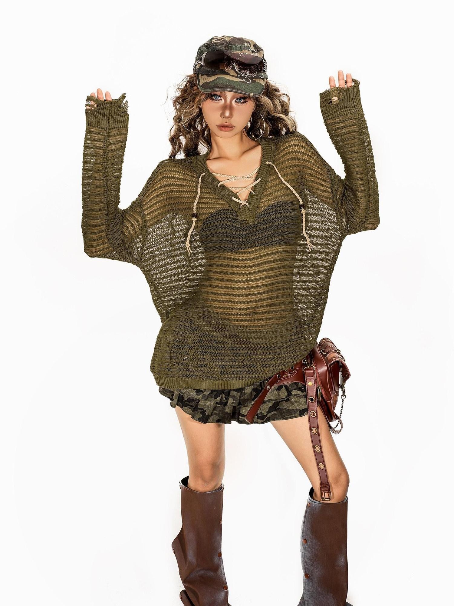 Arielink Army Green Openwork V-neck Tie Front Loose Women's Knitted Long Sleeve T-shirts