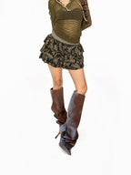 Arielink Army Green Openwork V-neck Tie Front Loose Women's Knitted Long Sleeve T-shirts