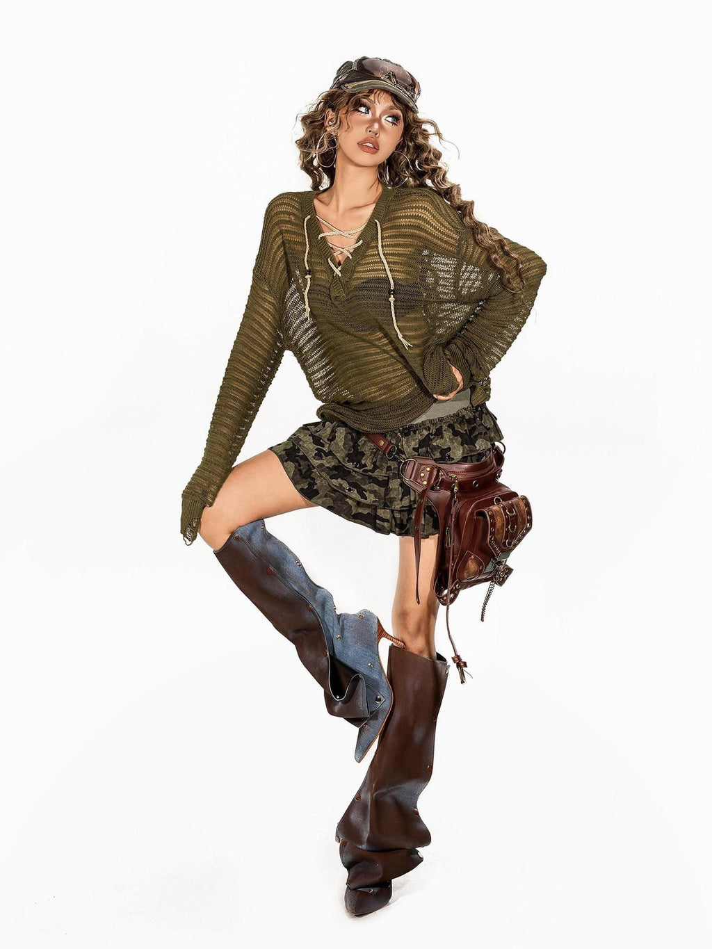 Arielink Army Green Openwork V-neck Tie Front Loose Women's Knitted Long Sleeve T-shirts