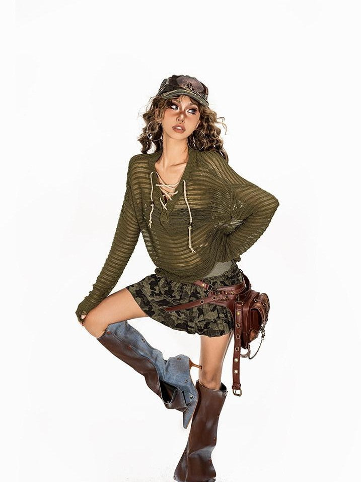 Arielink Army Green Openwork V-neck Tie Front Loose Women's Knitted Long Sleeve T-shirts