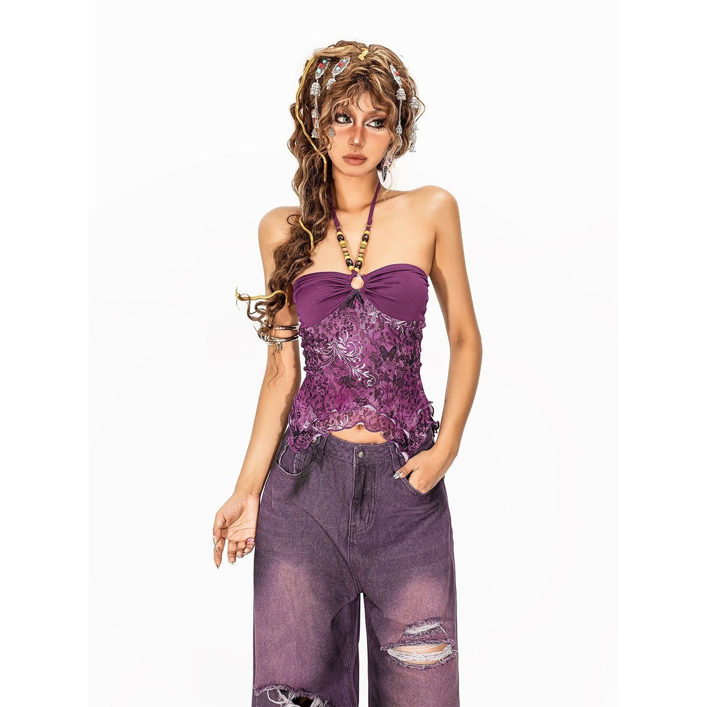 Arielink Asymmetric Floral Halter Backless Ruffle Mesh Patchwork Women's Other Tank Tops 938337935735