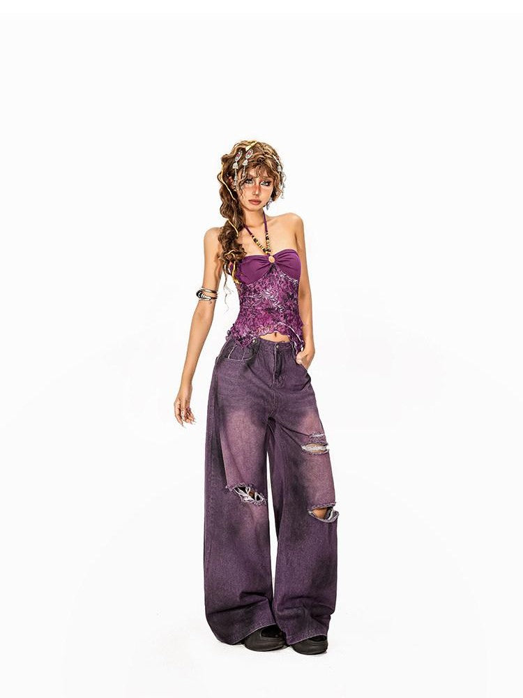 Arielink Asymmetric Floral Halter Backless Ruffle Mesh Patchwork Women's Other Tank Tops