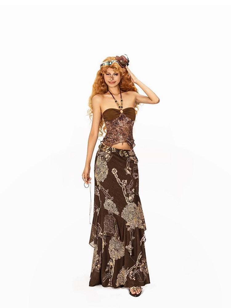 Arielink Asymmetric Floral Halter Backless Ruffle Mesh Patchwork Women's Other Tank Tops