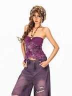 Arielink Asymmetric Floral Halter Backless Ruffle Mesh Patchwork Women's Other Tank Tops