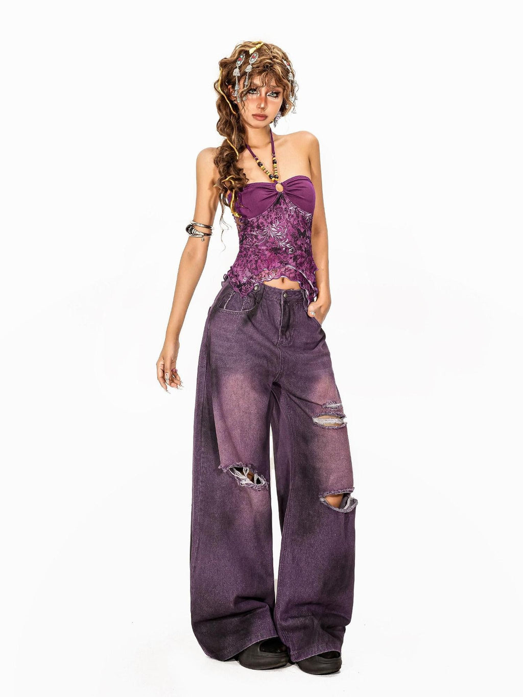 Arielink Asymmetric Floral Halter Backless Ruffle Mesh Patchwork Women's Other Tank Tops