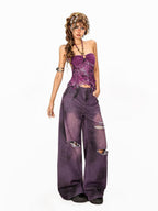 Arielink Asymmetric Floral Halter Backless Ruffle Mesh Patchwork Women's Other Tank Tops
