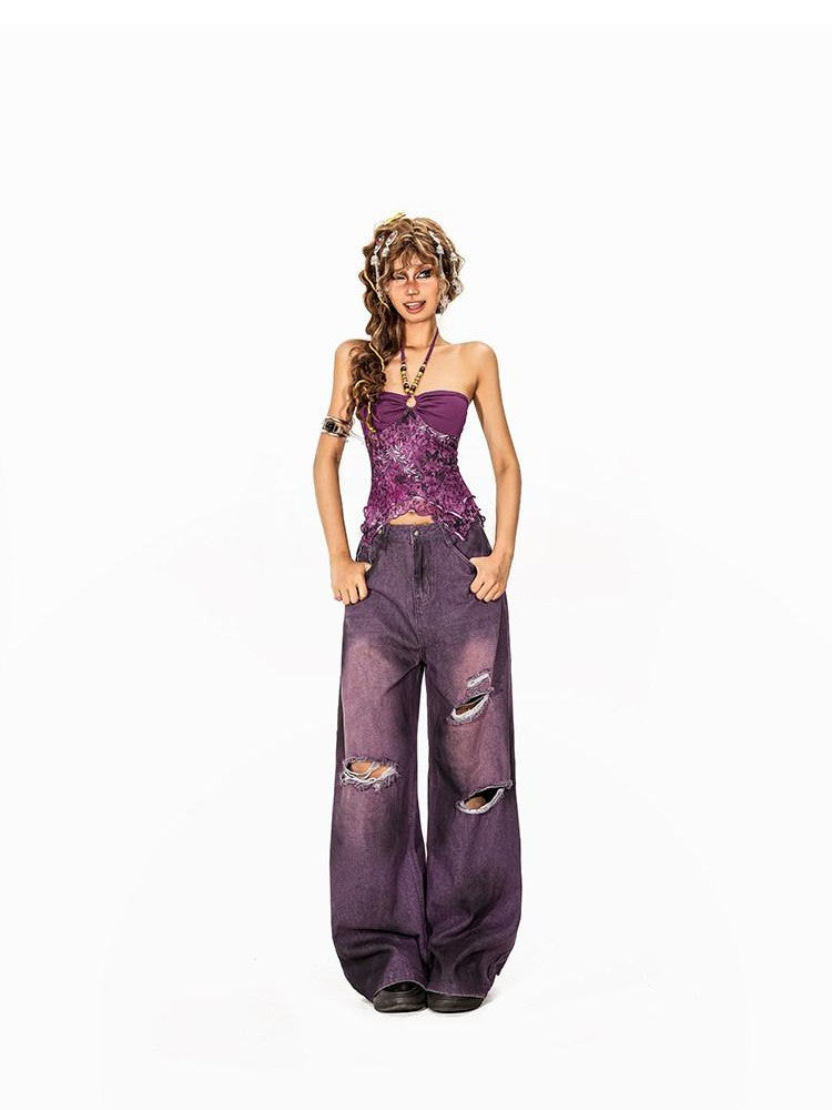 Arielink Asymmetric Floral Halter Backless Ruffle Mesh Patchwork Women's Other Tank Tops