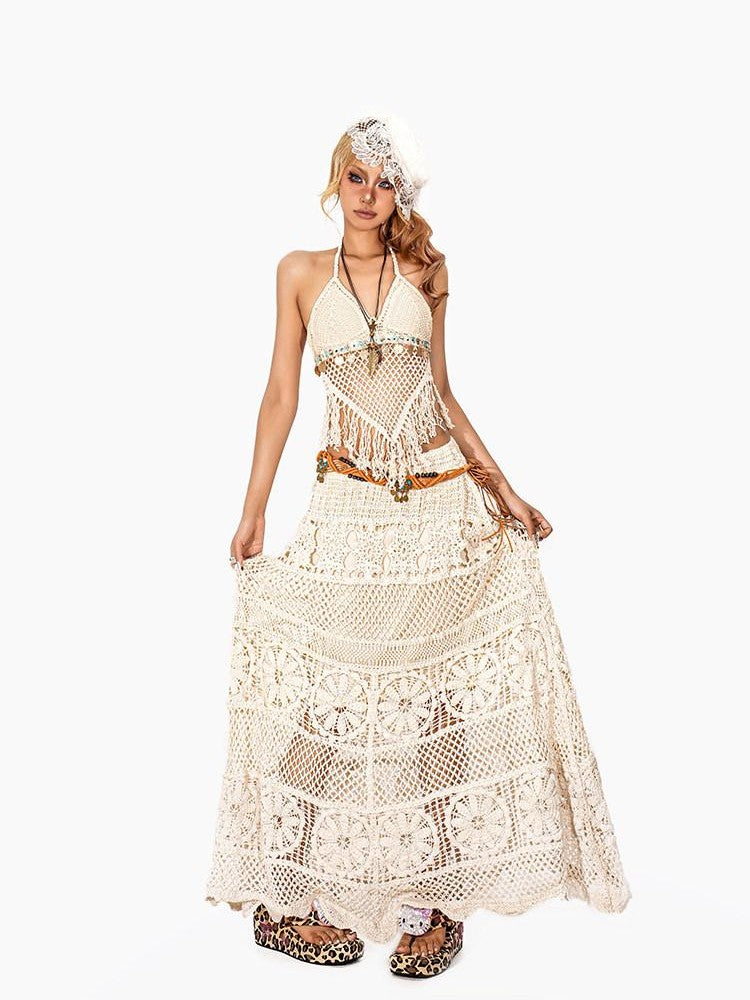 Arielink Asymmetrical Cutout Tassel Backless Tie Vintage Women's Knit Camisoles