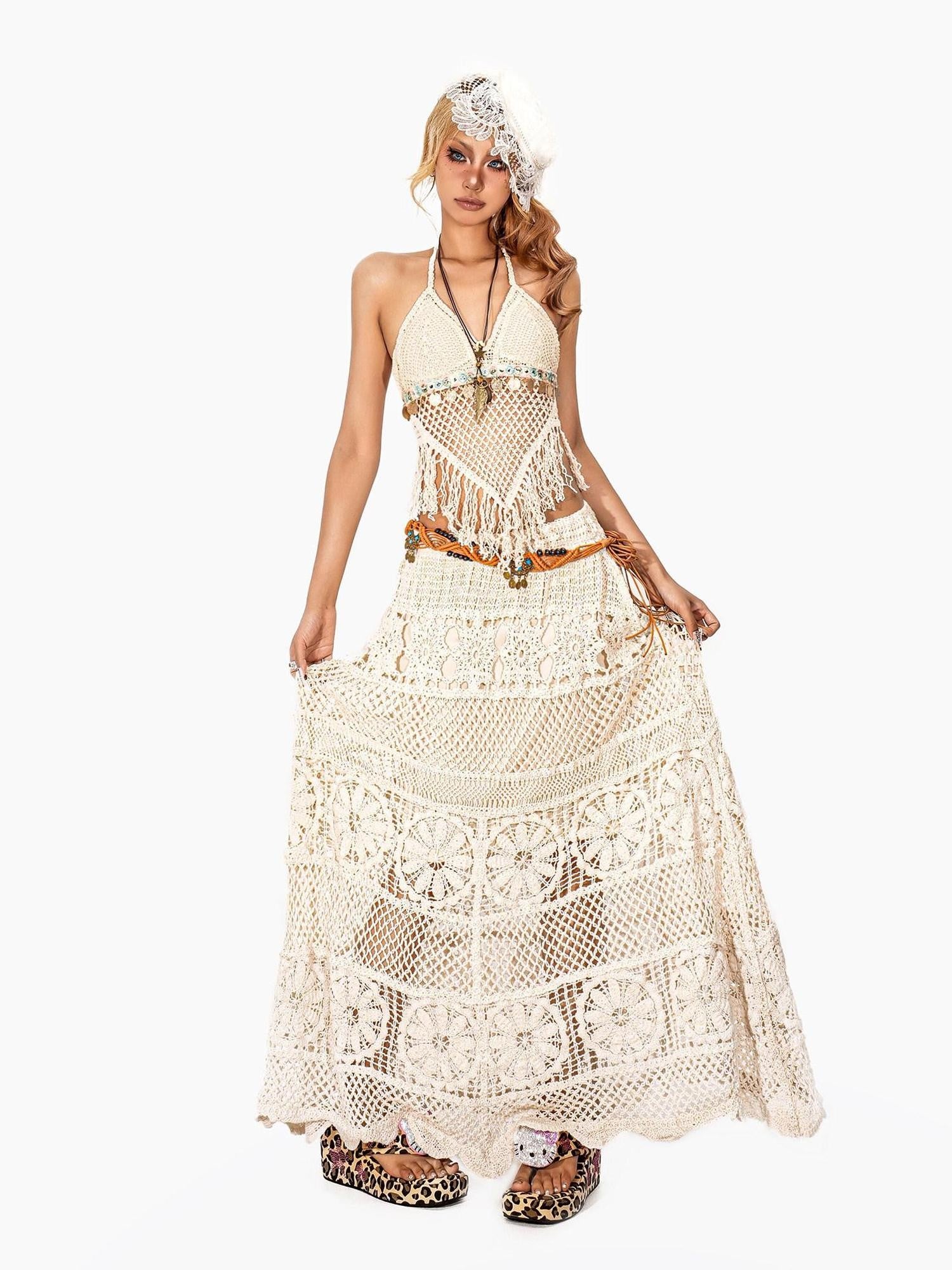 Arielink Asymmetrical Cutout Tassel Backless Tie Vintage Women's Knit Camisoles
