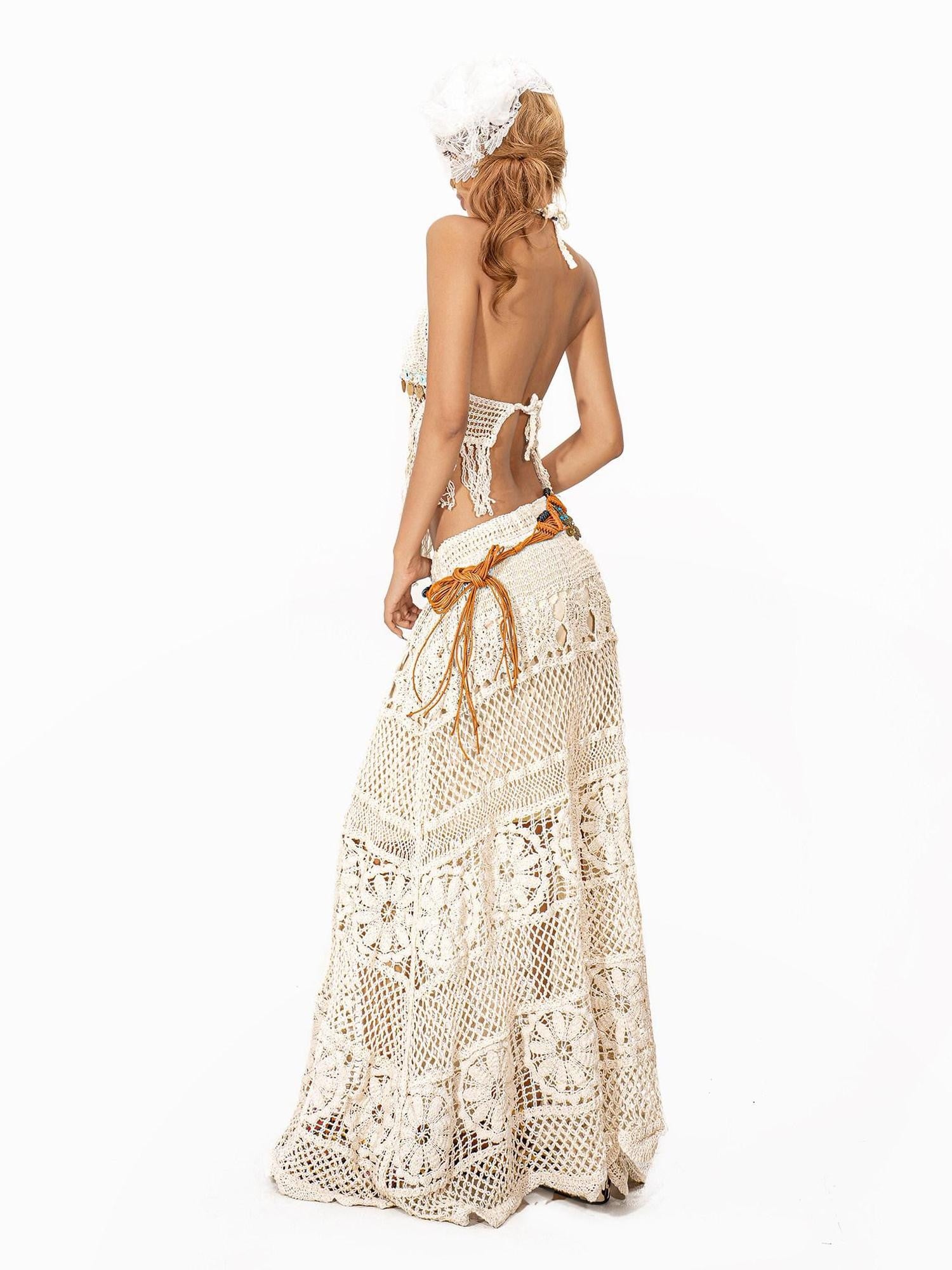 Arielink Asymmetrical Cutout Tassel Backless Tie Vintage Women's Knit Camisoles