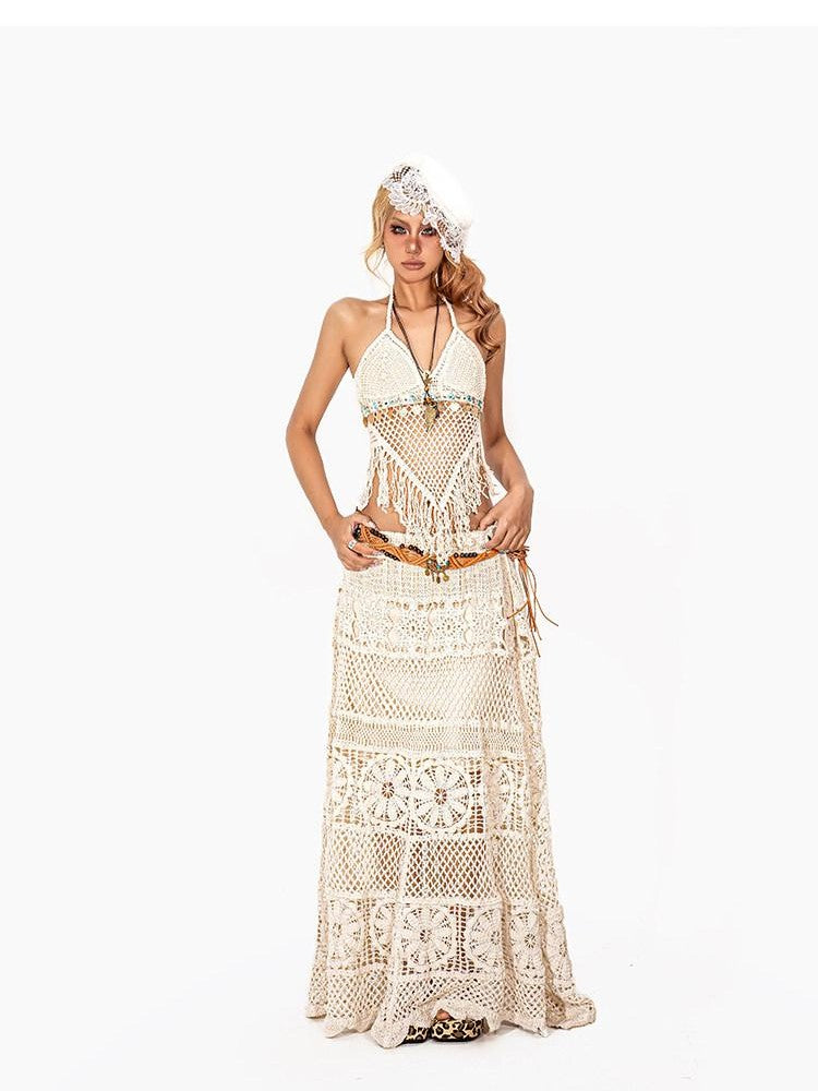 Arielink Asymmetrical Cutout Tassel Backless Tie Vintage Women's Knit Camisoles
