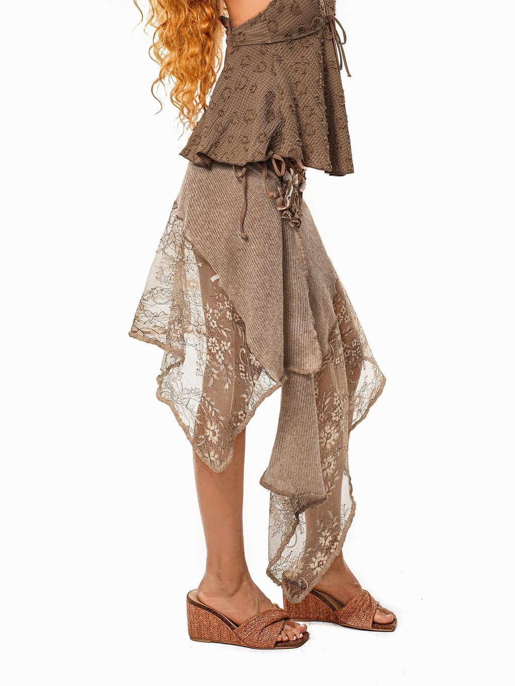 Arielink Asymmetrical Lace Patchwork Tie Waist Women's A Line Midi Skirts