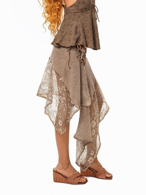 Arielink Asymmetrical Lace Patchwork Tie Waist Women's A Line Midi Skirts