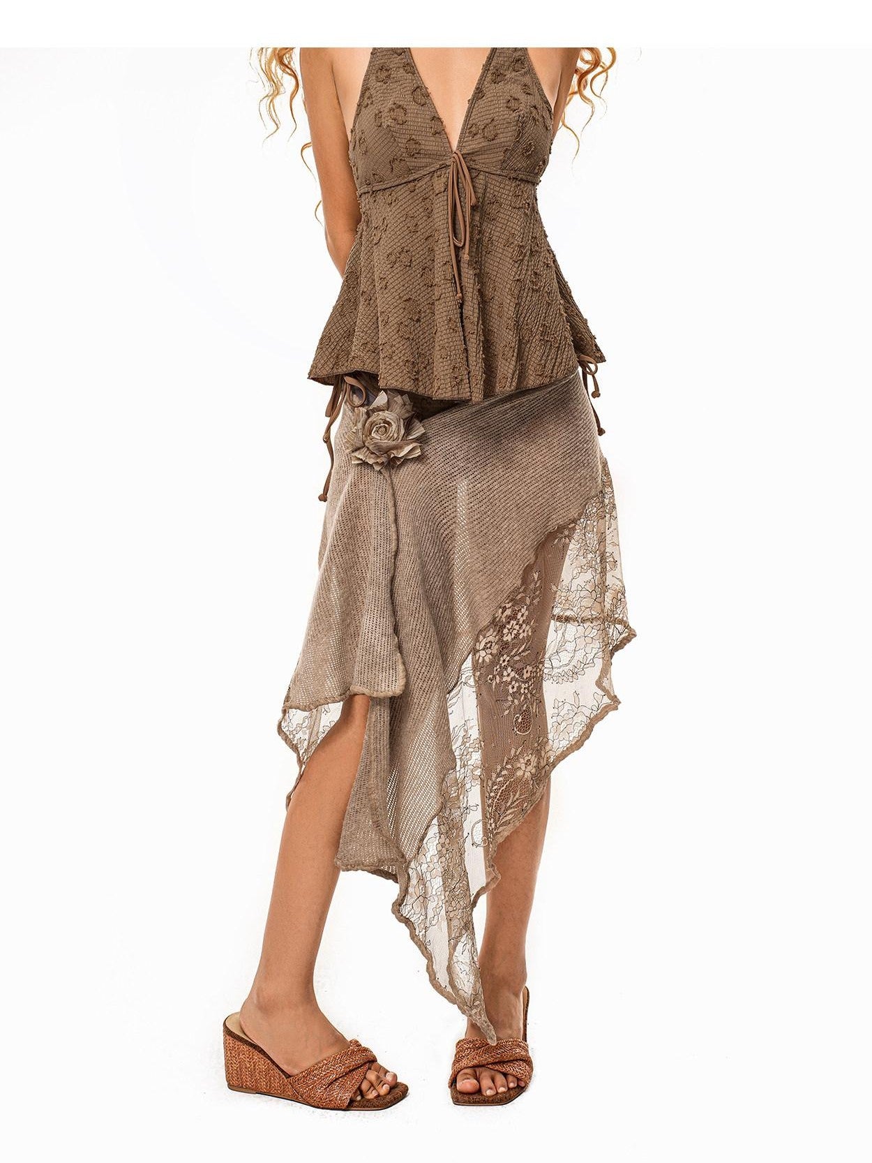 Arielink Asymmetrical Lace Patchwork Tie Waist Women's A Line Midi Skirts