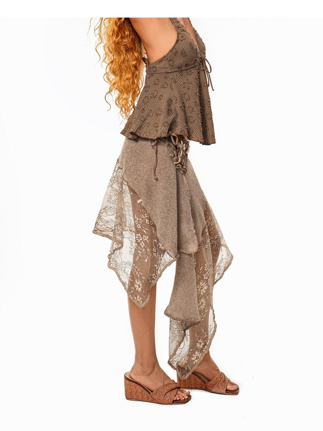 Arielink Asymmetrical Lace Patchwork Tie Waist Women's A Line Midi Skirts