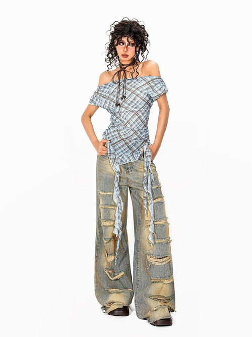 Arielink Asymmetrical One Shoulder Plaid Mesh Print Women's Short Sleeve T-shirts