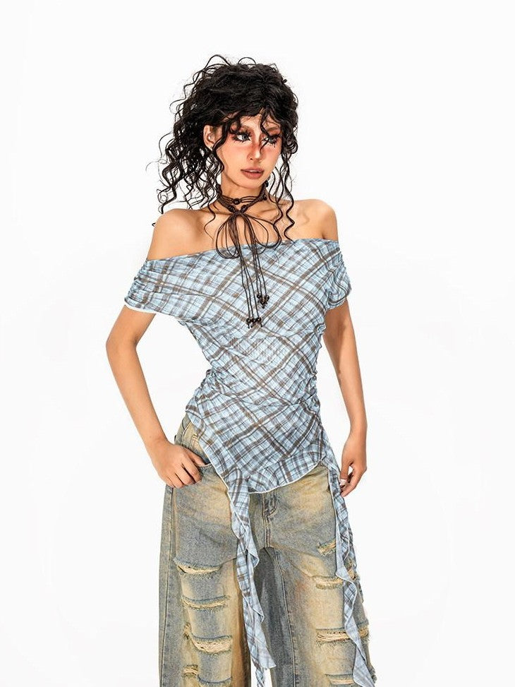 Arielink Asymmetrical One Shoulder Plaid Mesh Print Women's Short Sleeve T-shirts