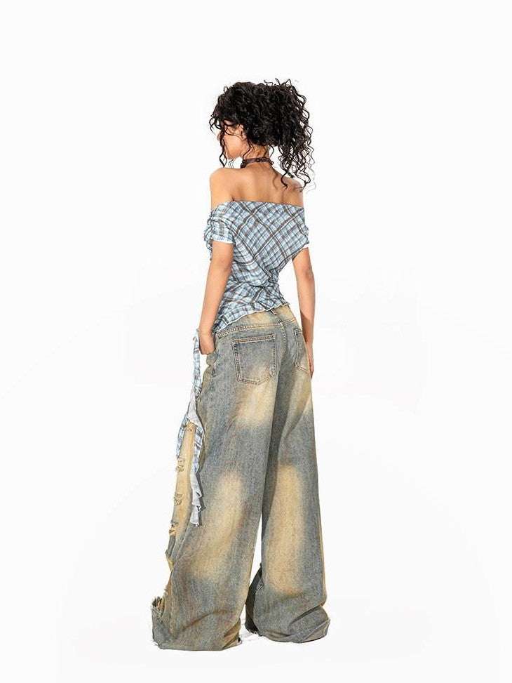 Arielink Asymmetrical One Shoulder Plaid Mesh Print Women's Short Sleeve T-shirts