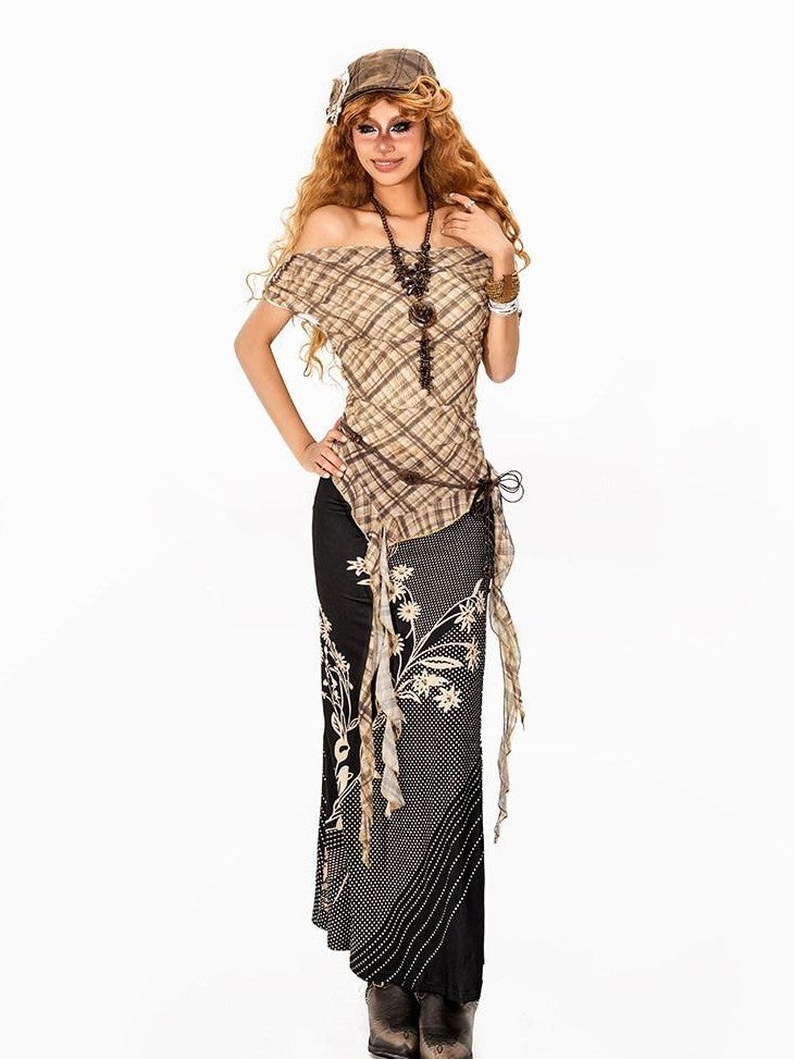 Arielink Asymmetrical One Shoulder Plaid Mesh Print Women's Short Sleeve T-shirts