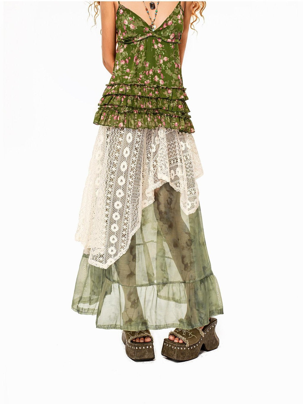 Arielink Asymmetrical Patchwork Lace Layered Handwoven Women's Tulle Maxi Skirts