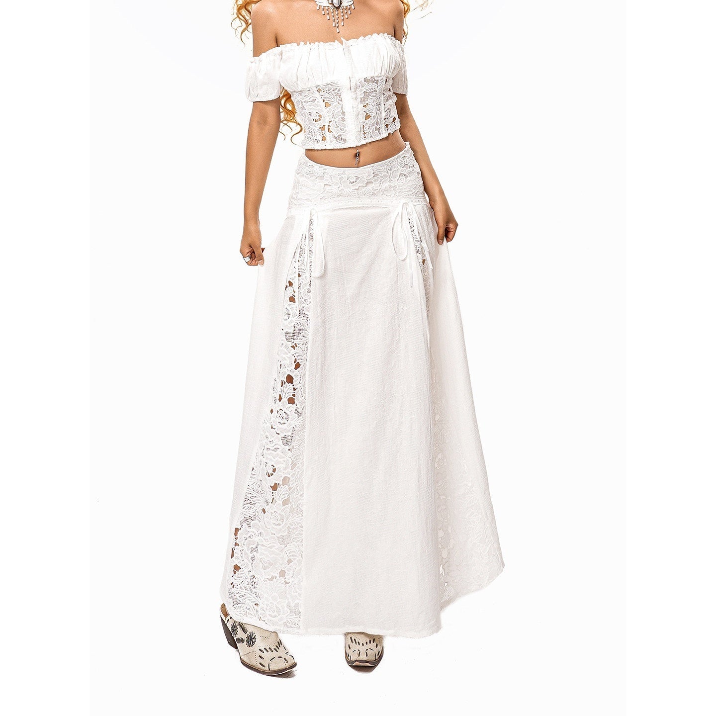 Arielink Beach Off Shoulder Lace Patchwork High Waist Women's Top & Skirt Sets 1029819879246