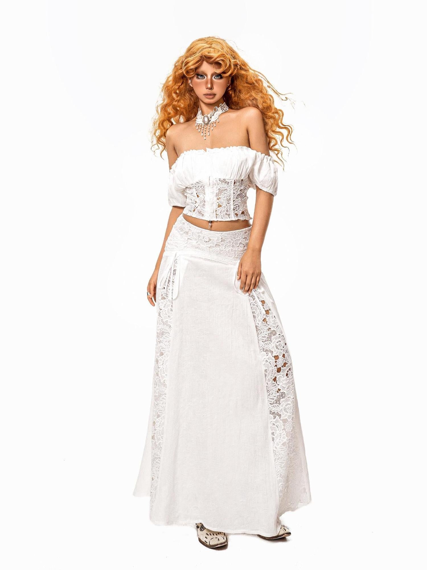 Arielink Beach Spliced Lace Off Shoulder High Waist Women's Top & Skirt Sets