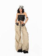 Arielink Black Cropped Rivet Spliced Bustier Women's Leather Tank Tops
