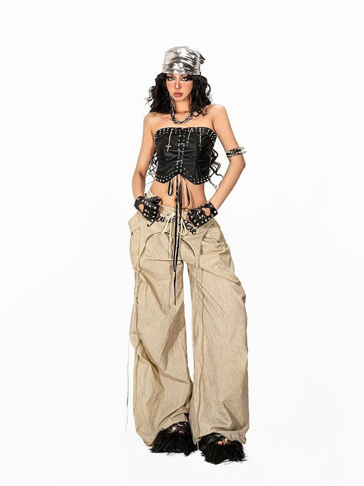 Arielink Black Cropped Rivet Spliced Bustier Women's Leather Tank Tops