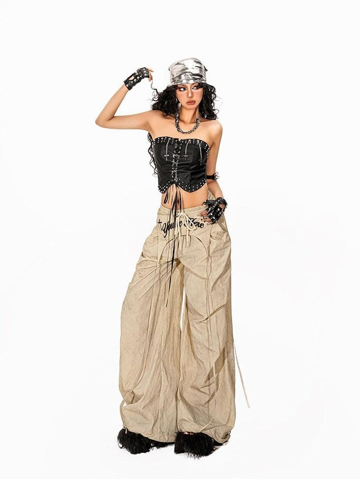 Arielink Black Cropped Rivet Spliced Bustier Women's Leather Tank Tops