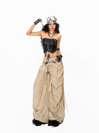 Arielink Black Cropped Rivet Spliced Bustier Women's Leather Tank Tops