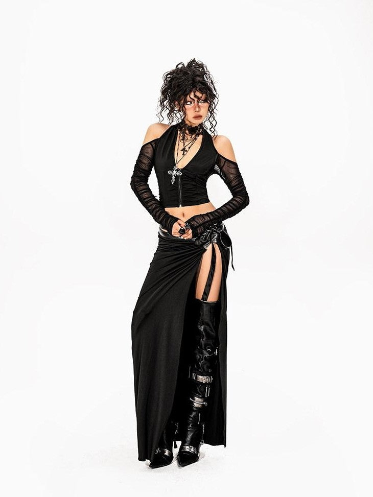 Arielink Black Cutout Asymmetric Backless V-neck Women's Sheer Mesh Cardigans