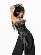 Arielink Black Eco Faux Fur Spliced Leather Zipper Gothic Women's Tank Tops